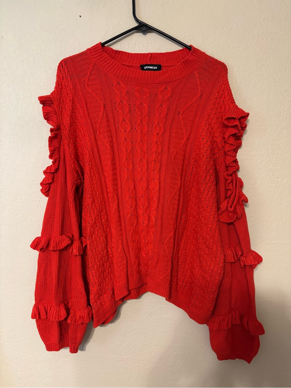 Express Red Ruffle Cable-Knit Crewneck Sweater